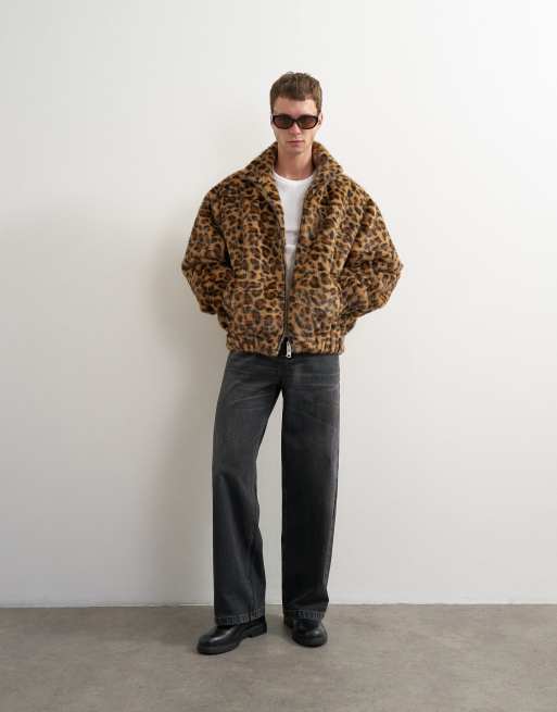 Topman cazadora bomber de piel sintética con estampado de leopardo en marrón, 5 de 5