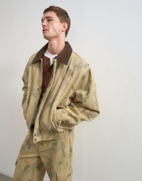Topman cazadora bomber oversize de sarga con estampado de camuflaje y cuello de pana en caqui - view 1
