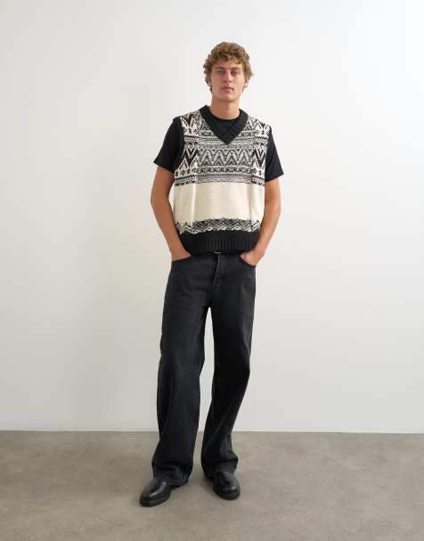 Topman chaleco de punto holgado con cuello de pico y grecas alpinas en negro - view 1