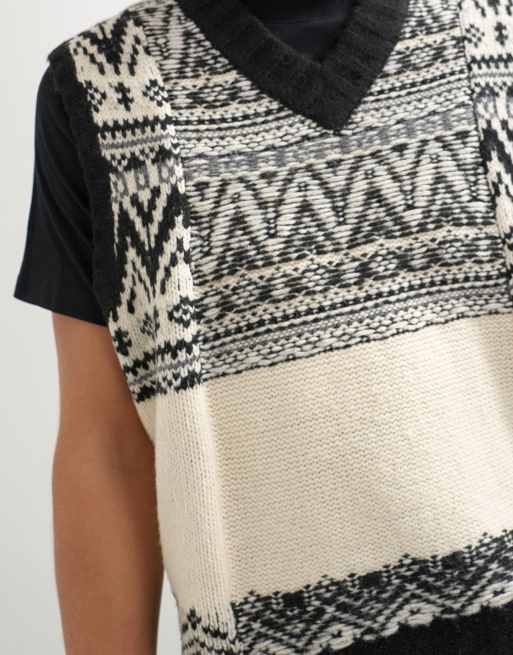 Topman chaleco de punto holgado con cuello de pico y grecas alpinas en negro, 3 de 5
