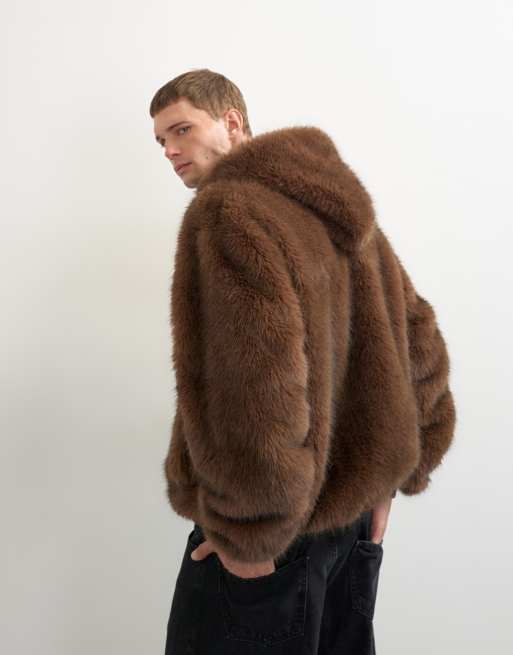 Topman chaqueta extragrande con capucha y piel sintética en marrón, 4 de 5