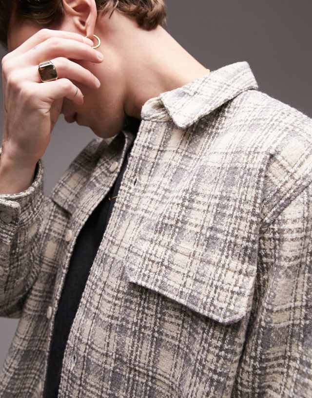 Topman check boucle overshirt in ecru