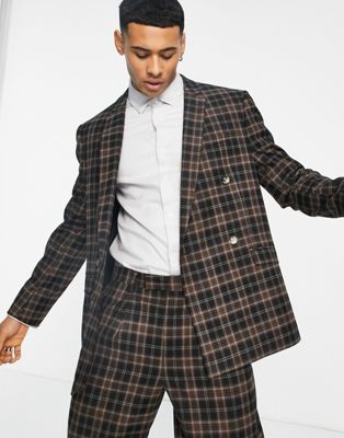 Topman check boxy suit jacket in brown