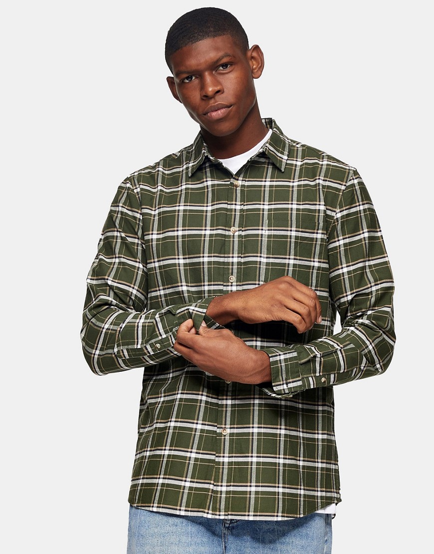 Topman check shirt in khaki-Green