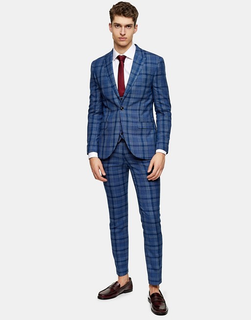 Topman skinny single breasted suit jacket in blue check