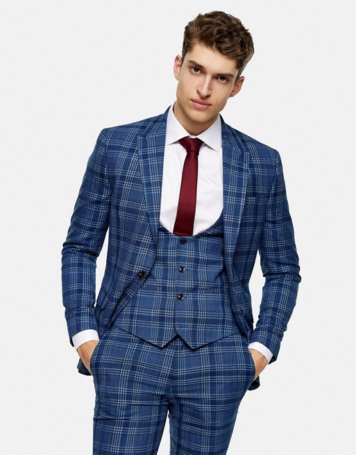 Topman skinny suit waistcoat in blue check