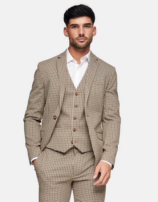 Topman skinny single breasted suit jacket in stone check