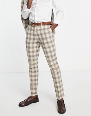 Topman check slim suit trousers in tan-Brown