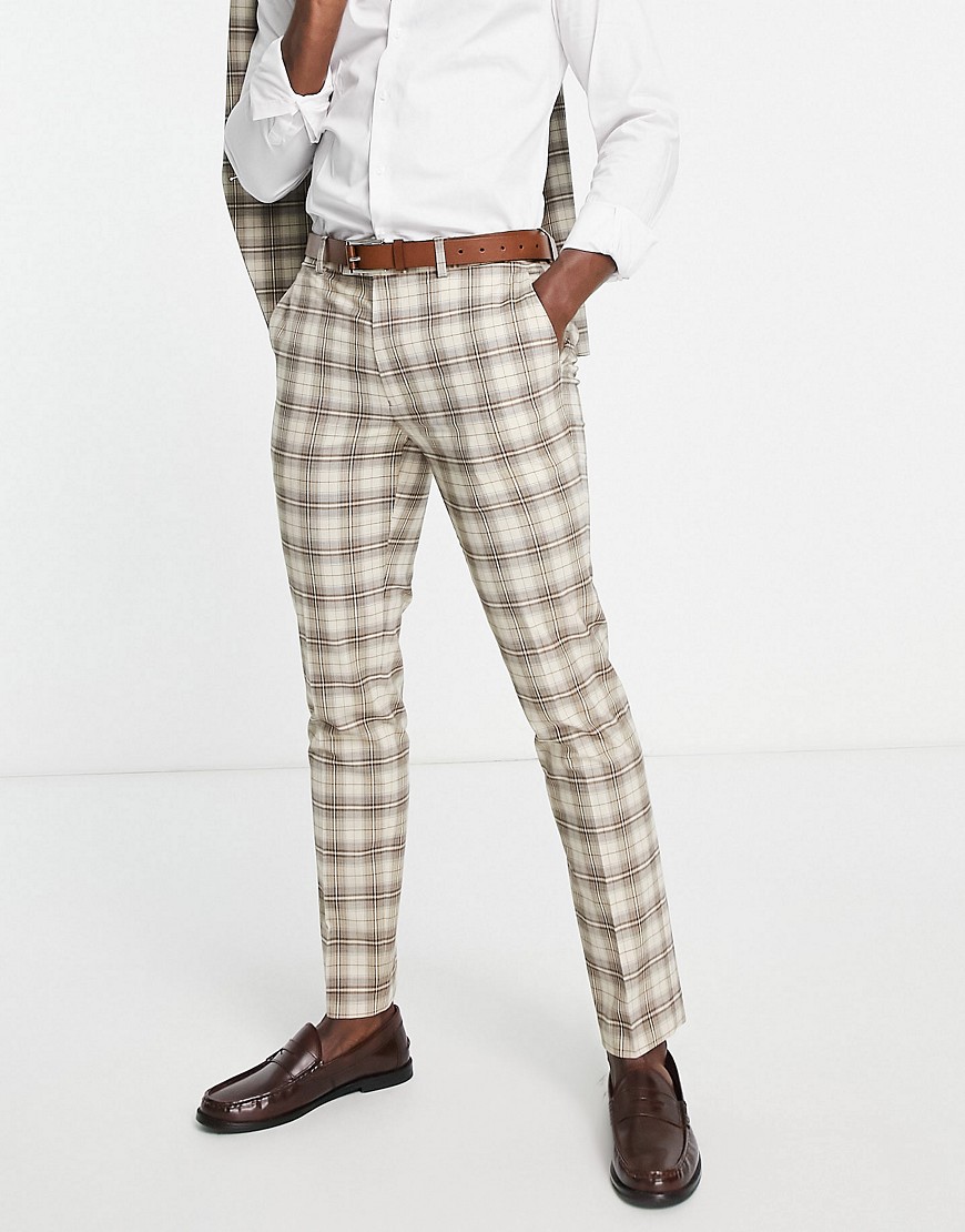 Topman check slim suit trousers in tan-Brown