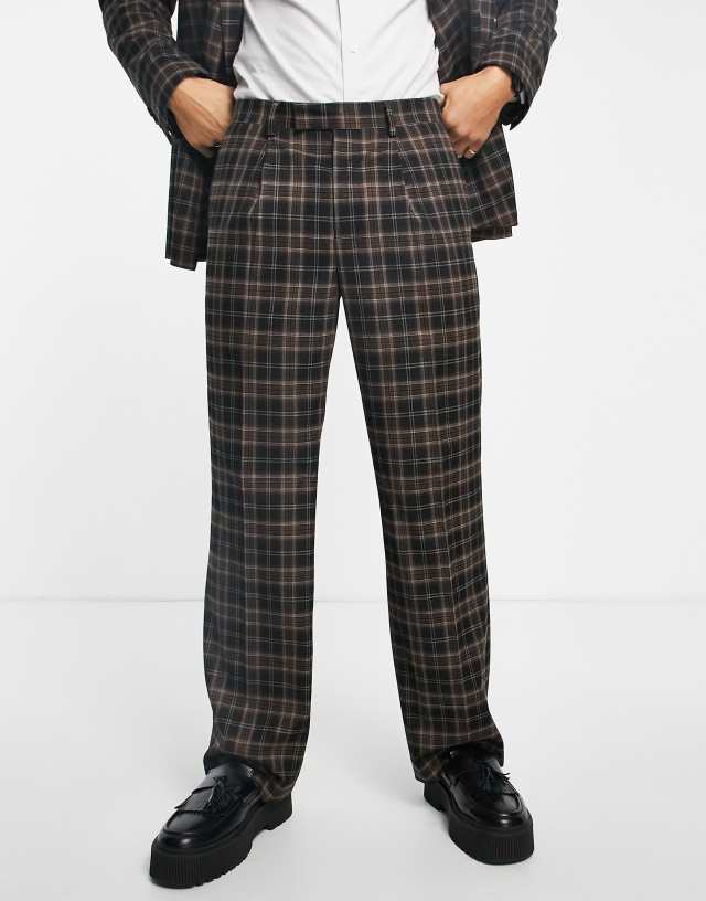 Topman check wide leg pants in brown