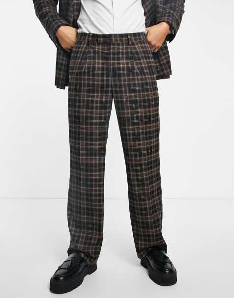 Topman check wide leg trousers in brown 