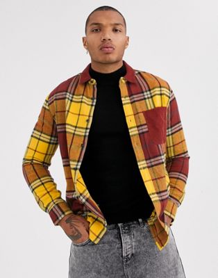 Topman checked shirt in mustard with cord collar-Yellow