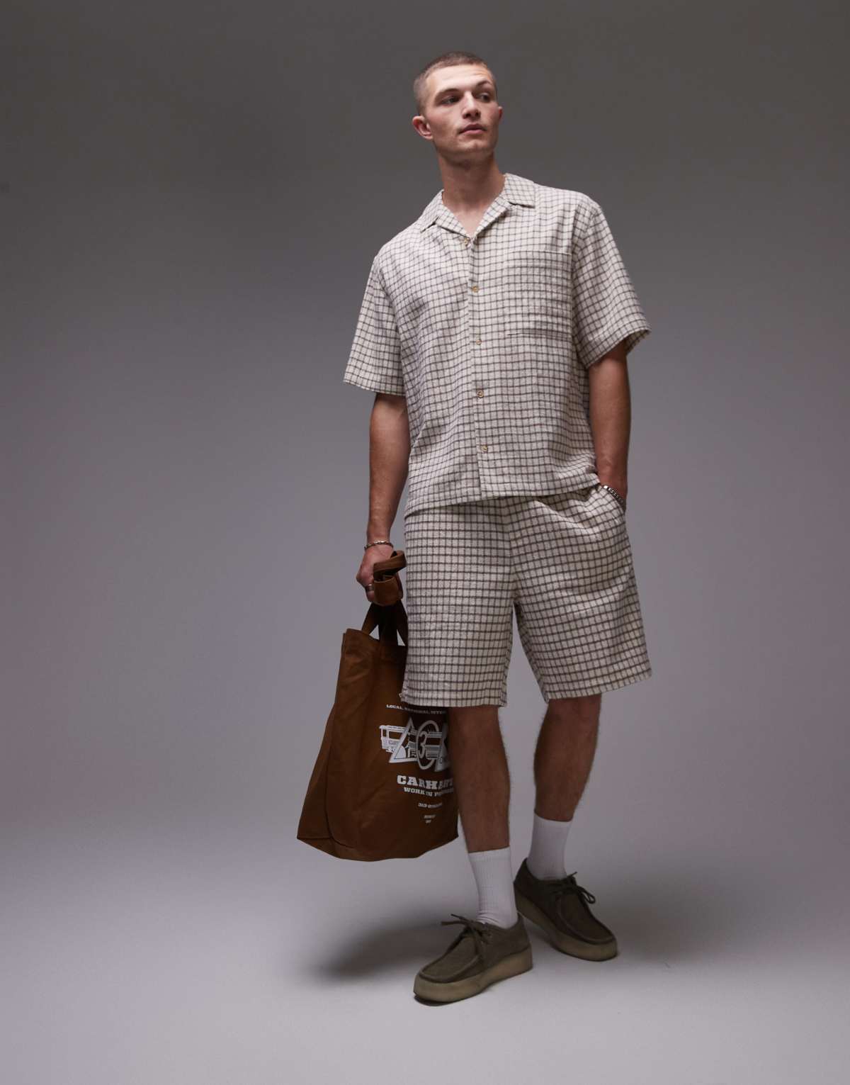 Topman checked shorts in stone