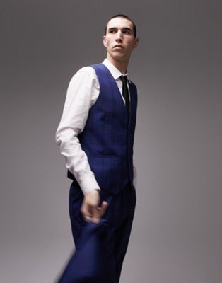 Topman checked suit waistcoat in blue - ASOS Price Checker