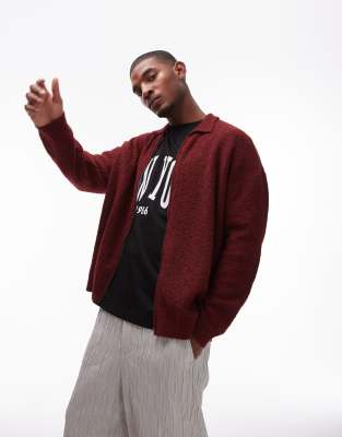 Topman Checkerboard Textured Zip Through Collared Cardigan In Red