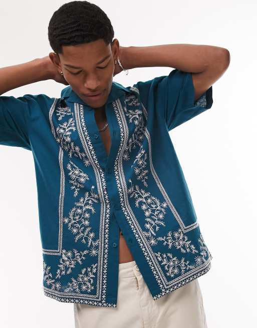 Topman - Chemin en coton et lin avec bordures brodées - Bleu