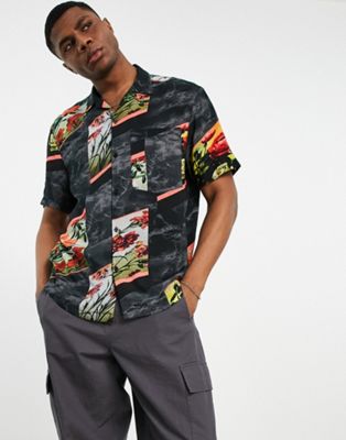 Chemises Topman - Chemise à imprimé floral varié et col à revers - Noir