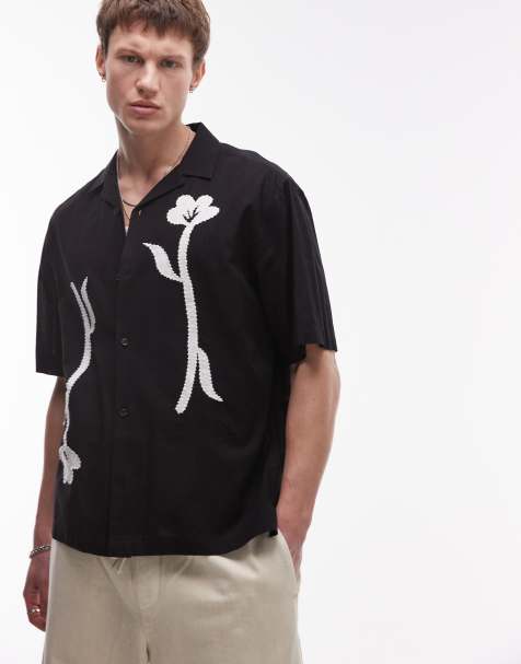 Topman - Chemise à manches courtes à fleurs brodées - Noir - view 1