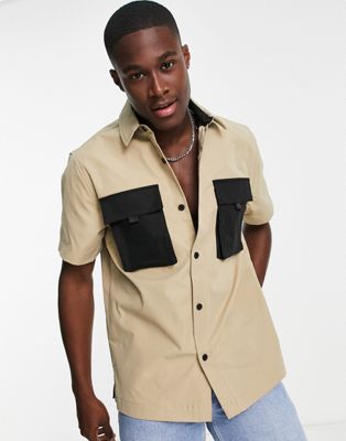 Homme Topman - Chemise à manches courtes avec poches contrastantes - Taupe