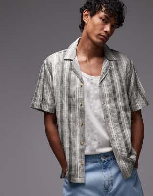 Topman - Chemise à manches courtes rayée avec col à revers - Vert/blanc