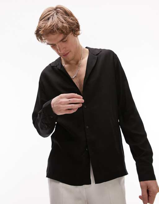 Topman - Chemise à manches longues en viscose avec col échancré à revers 