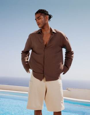 topman-chemise-manches-longues-standard-en-lin-marron-asos