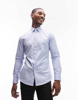 Topman long sleeve formal slim fit stretch shirt in light blue - ASOS Price Checker