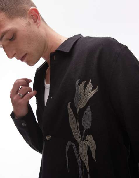 Topman - Chemise brodée devant à manches longues - Noir - view 1