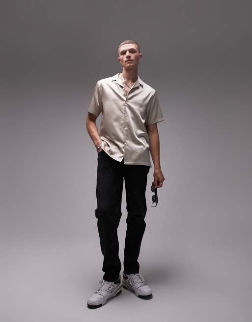 Topman - Chemise classique en satin avec manches courtes et col à revers - Crème, 3 de 4