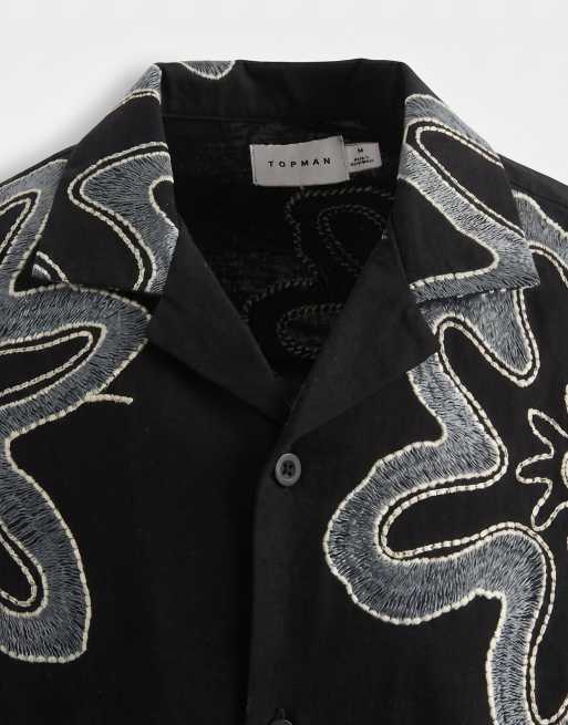 Topman - Chemise coupe carrée en jersey épais avec fleurs appliquées sur l'ensemble - Noir, 9 de 9