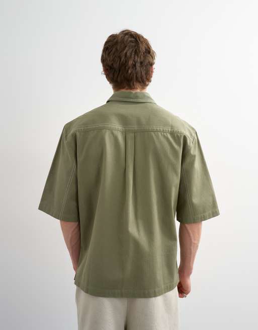 Topman - Chemise courte décontractée à manches courtes et chevrons - Vert olive, 2 de 5