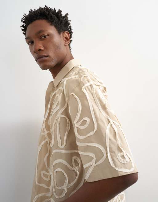 Topman - Chemise courte décontractée avec fleurs appliquées effet corde - Taupe, 2 de 5