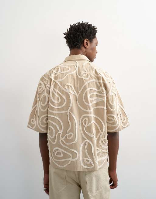 Topman - Chemise courte décontractée avec fleurs appliquées effet corde - Taupe, 5 de 5