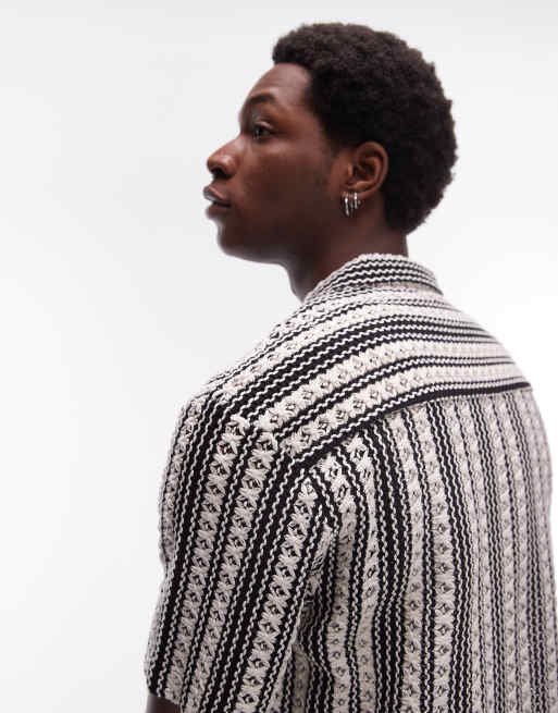 Topman - Chemise décontractée à manches courtes au crochet - Noir et blanc rayé, 4 de 4