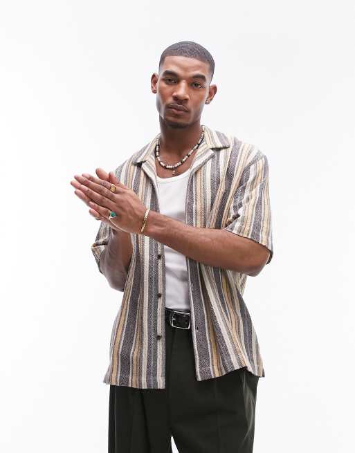 Topman - Chemise décontractée à manches courtes en tissu texturé rayé - Multicolore