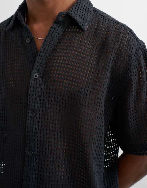 Topman - Chemise décontractée à manches courtes en tulle - Noir, 4 de 5