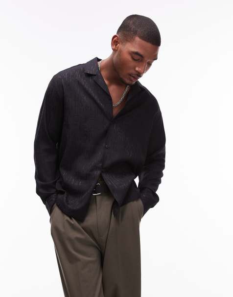Topman - Chemise décontractée à manches longues en jacquard et col à revers - Noir - view 1