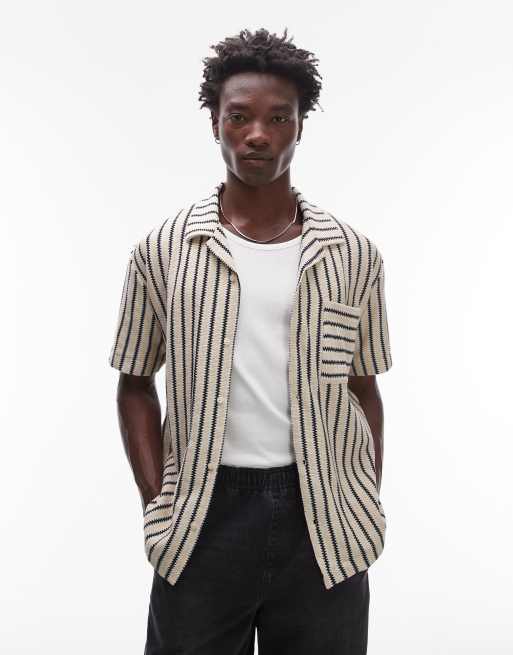 Topman - Chemise décontractée boutonnée en maille de jersey à rayures - Taupe