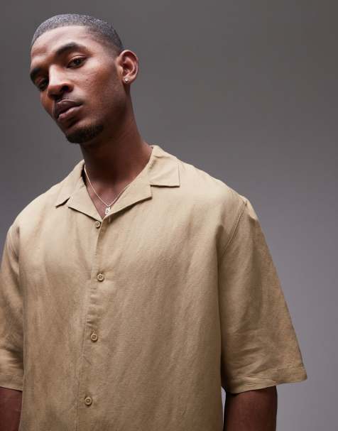 Topman - Chemise d'ensemble à manches courtes en lin coupe carrée - Taupe - view 1