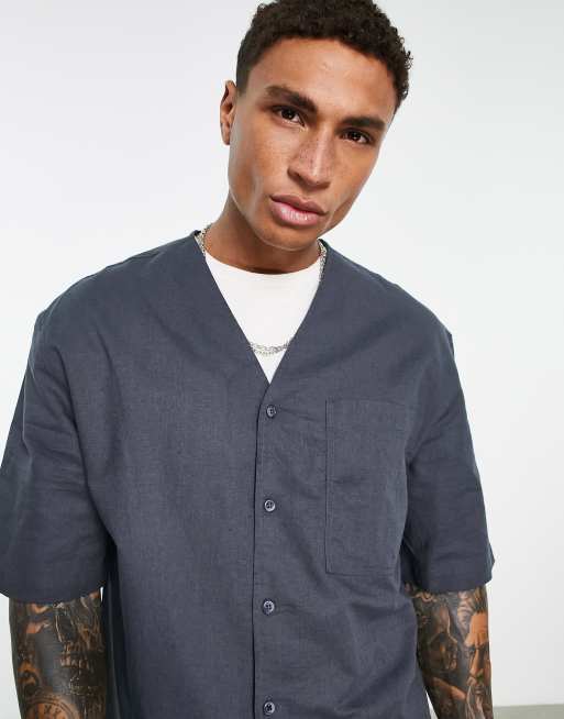 Topman Chemise en lin sans col manches courtes Anthracite ASOS