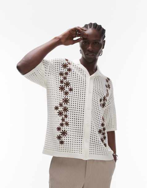 Topman - Chemise en maille crochetée avec col à revers et broderies fleuries - Écru - view 1