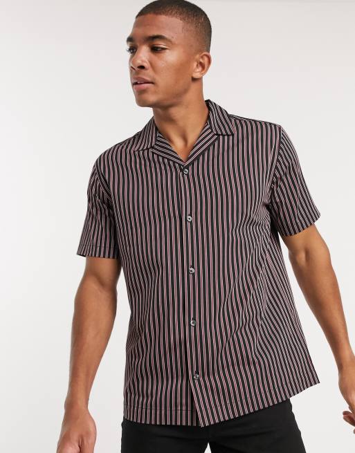 Topman - Chemise manches courtes avec col à revers et rayures - Noir et rouge