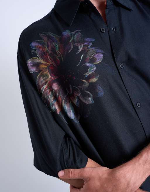 Topman - Chemise manches courtes décontractée en sergé à fleurs - Noir, 4 de 5