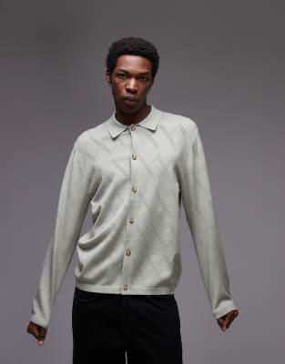 Topman - Chemise manches longues en maille au crochet à motif - Noir-Vert