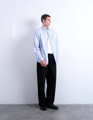 Topman - Chemise oversize à rayures avec détails effet usé sur l'ensemble - Bleu