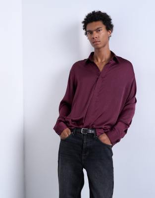 Topman - Chemise oversize en satin - Bordeaux-Rouge