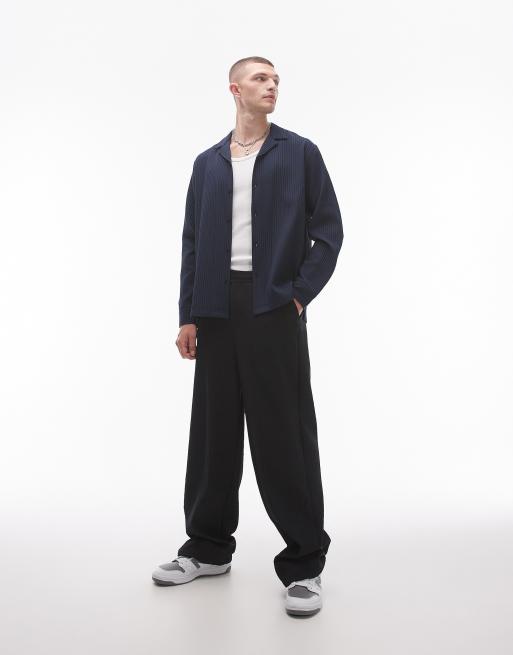 Topman - Chemise plissée coupe classique à manches longues et col à revers - Bleu marine, 3 de 4