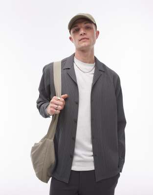 Topman - Chemise plissée coupe classique avec manches longues et col à revers - Anthracite-Vert