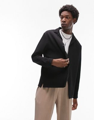 Topman long sleeve regular fit revere plisse shirt in black - ASOS Price Checker