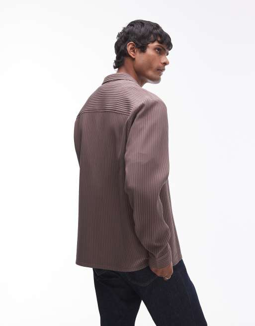 Topman - Chemise plissée épaisse à manches longues - Chocolat, 3 de 4